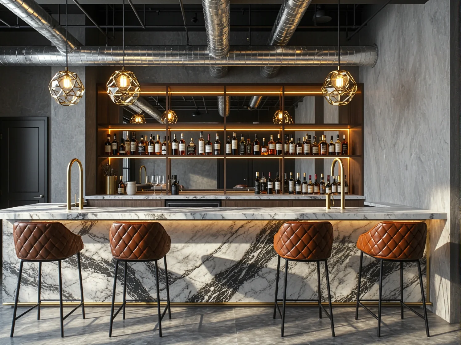 Jadalnia łącząca surowe betonowe ściany z luksusowym szklanym stołem i złotymi dodatkami glamour.