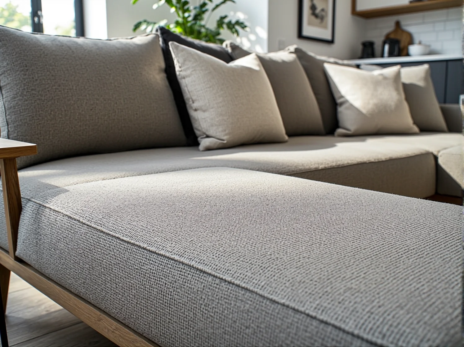 Zbliżenie na materiał mikrofibra. Pielęgnacja tapicerki narożnika krok po kroku.