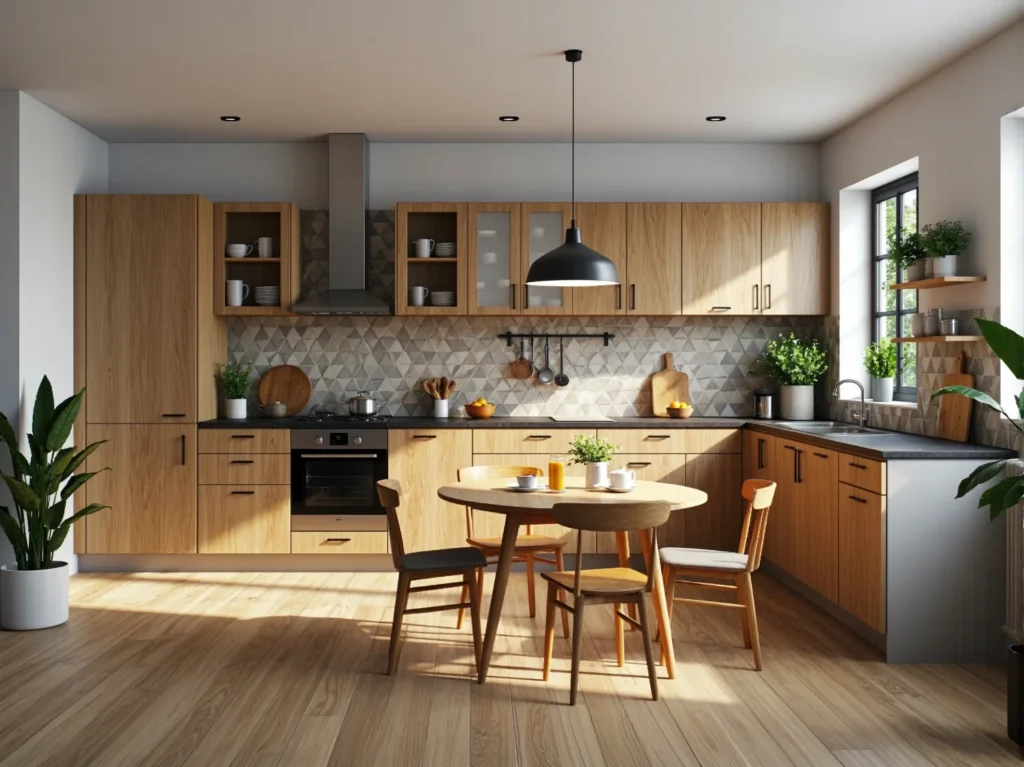 Drewniany stół okrągły dąb z czterema krzesłami jadalnianymi