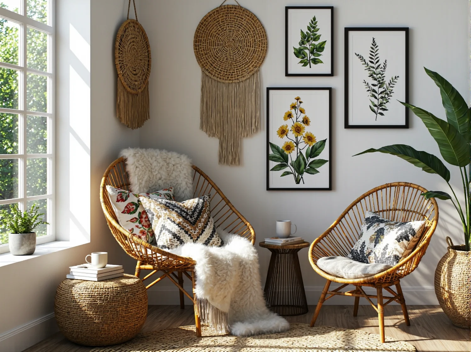 Przygotowanie mebli w stylu boho: naturalne materiały i rośliny tworzące kącik relaksu.