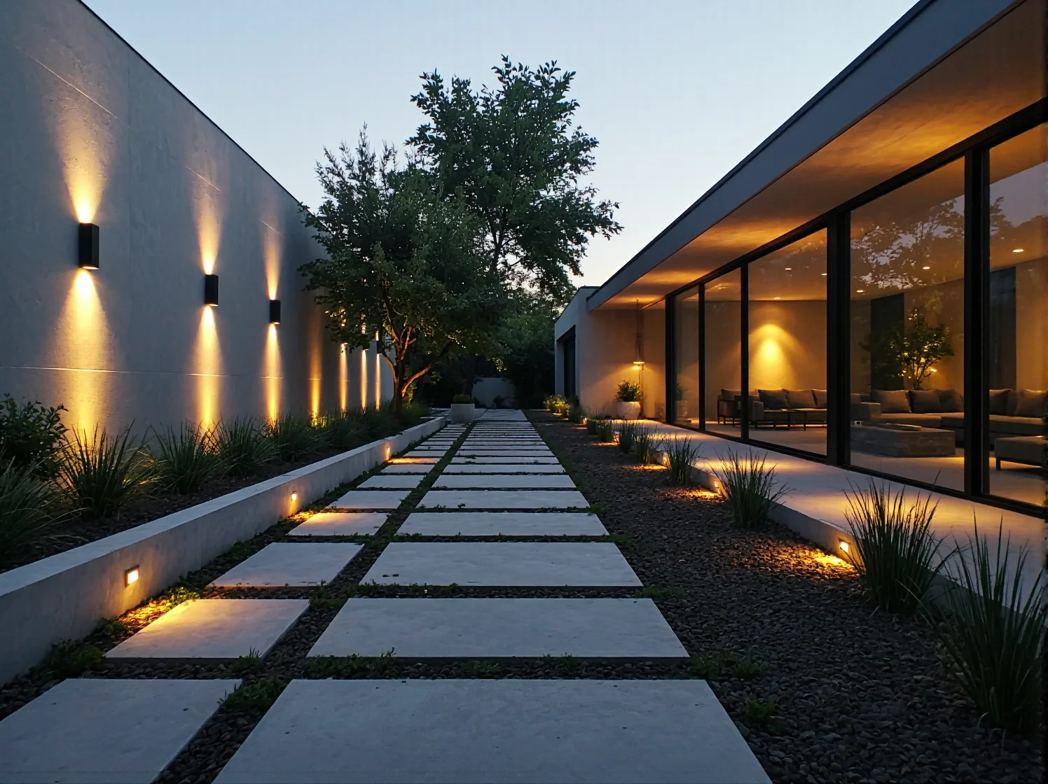 Elegancki kinkiet zewnętrzny na antracytowej elewacji domu, nowoczesne oświetlenie tarasu i ogrodu.