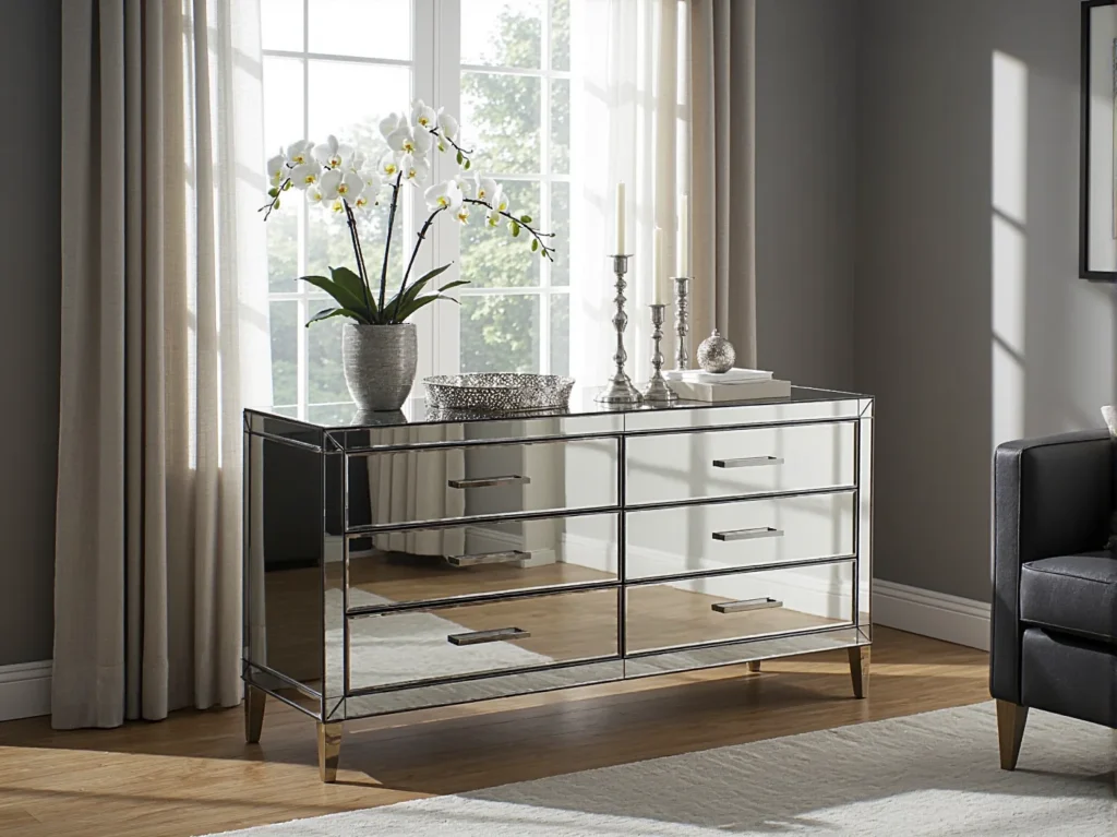 Elegancka komoda glamour z lustrzanymi frontami i złotymi nóżkami
