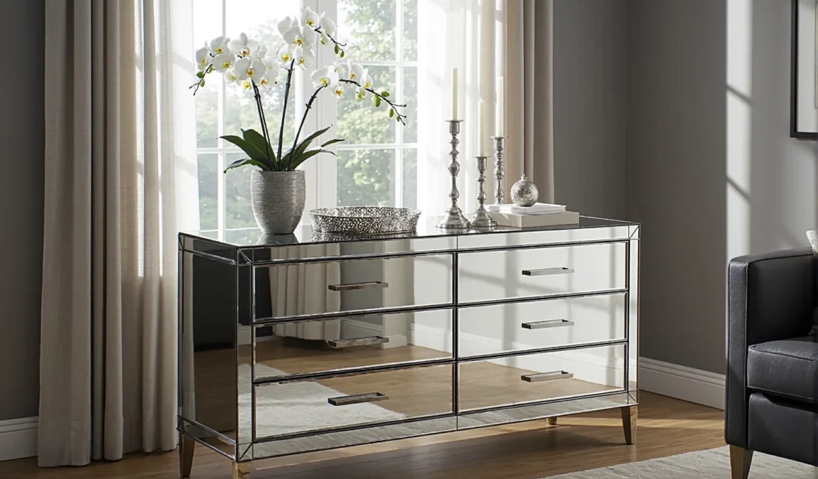 Elegancka komoda glamour z lustrzanymi frontami i złotymi nóżkami