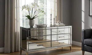 Elegancka komoda glamour z lustrzanymi frontami i złotymi nóżkami
