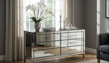 Elegancka komoda glamour z lustrzanymi frontami i złotymi nóżkami