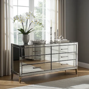 Elegancka komoda glamour z lustrzanymi frontami i złotymi nóżkami