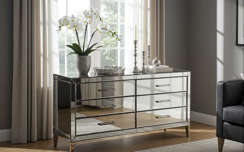 Elegancka komoda glamour z lustrzanymi frontami i złotymi nóżkami