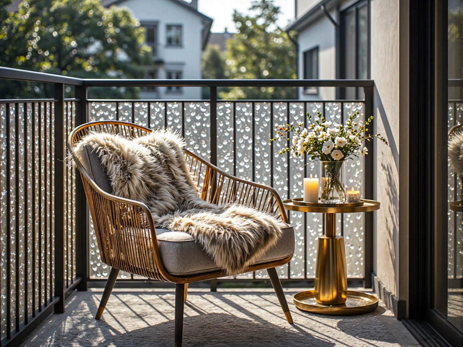 Zbliżenie na kryształowe lampy LED, tworzące magiczny nastrój na balkonie w stylu glamour. Eleganckie oświetlenie zewnętrzne.