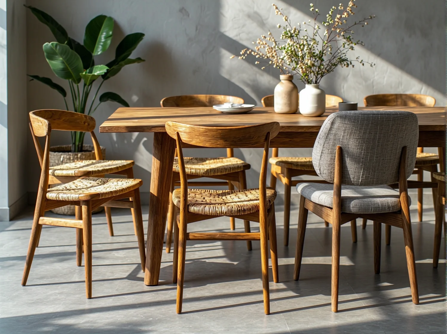 Lampa bambusowa wisząca nad stołem w przytulnej jadalni w stylu zrównoważonym