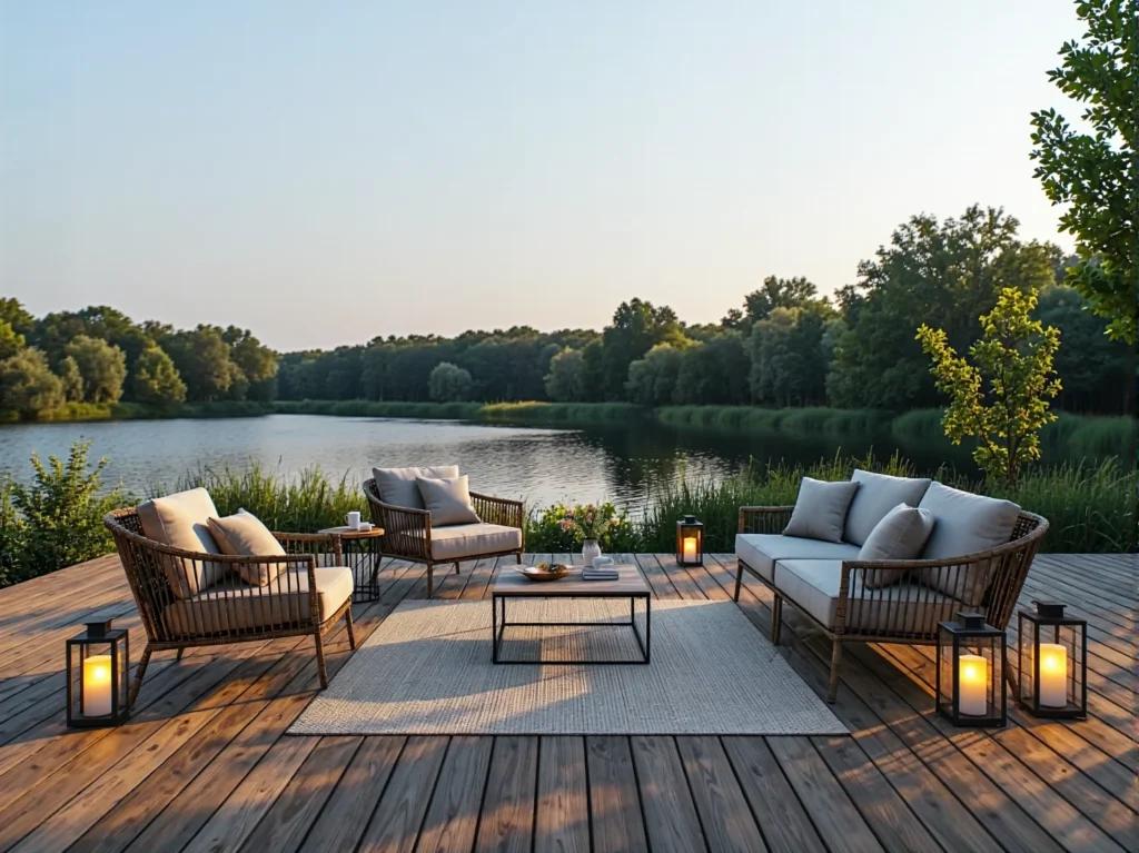 Zestaw mebli ogrodowych rattanowych z beżowymi poduszkami i lampionami