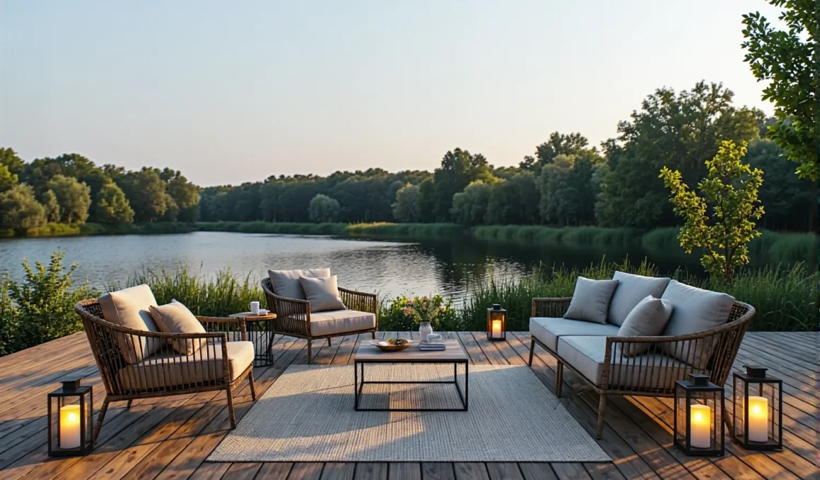 Zestaw mebli ogrodowych rattanowych z beżowymi poduszkami i lampionami