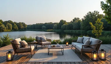 Zestaw mebli ogrodowych rattanowych z beżowymi poduszkami i lampionami