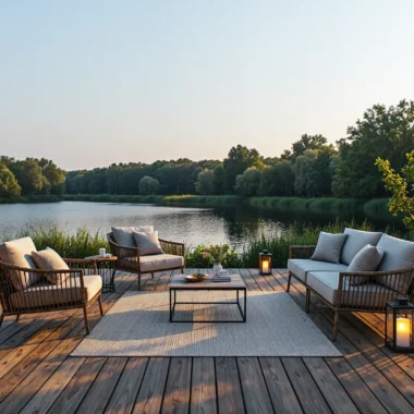 Zestaw mebli ogrodowych rattanowych z beżowymi poduszkami i lampionami