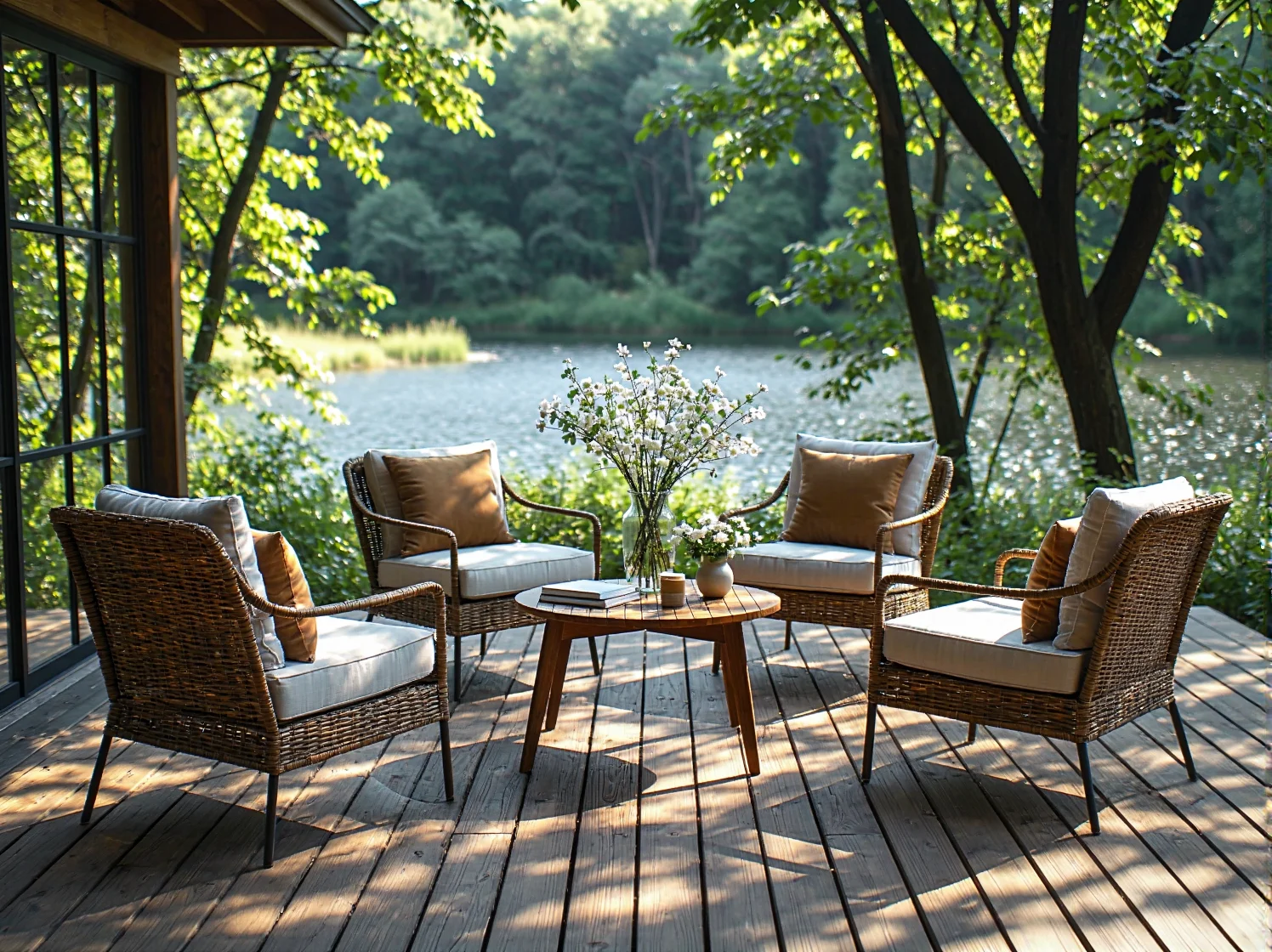 Dekoracyjne lampy do strefy chillout nad jeziorem tworzące przytulny klimat.