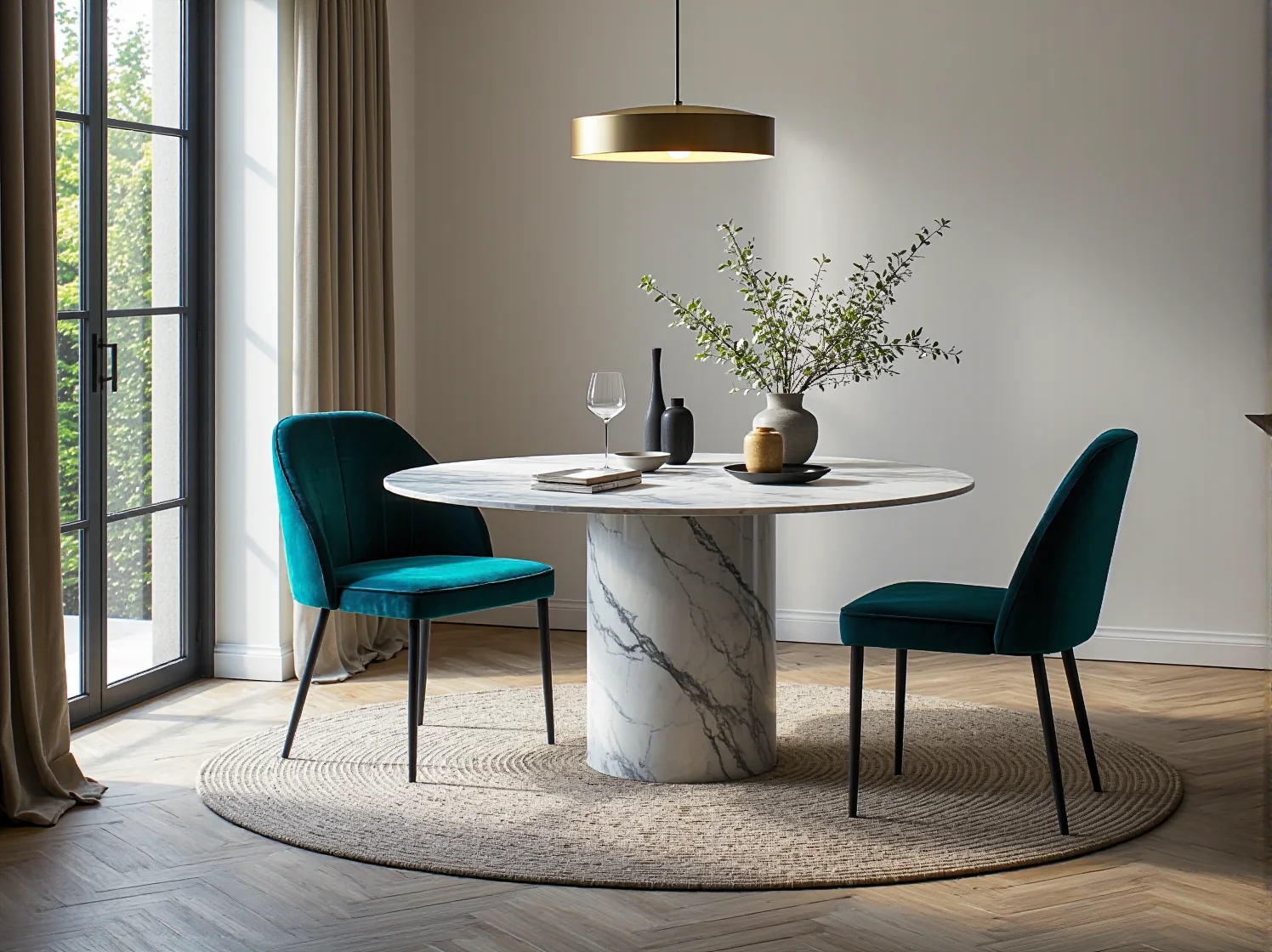 Stylowe szklane kule lampy wiszącej zawieszone nad białym marmurowym blatem.