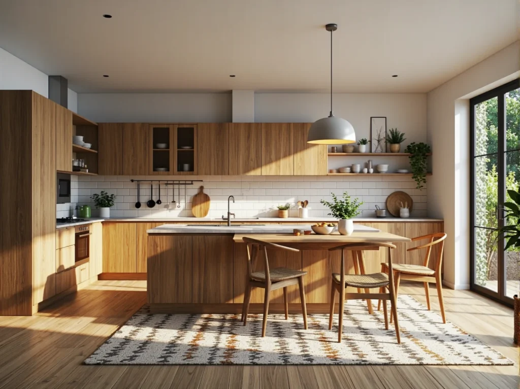 Zestaw mebli kuchennych dąb naturalny z wyspą i przeszklonymi szafkami