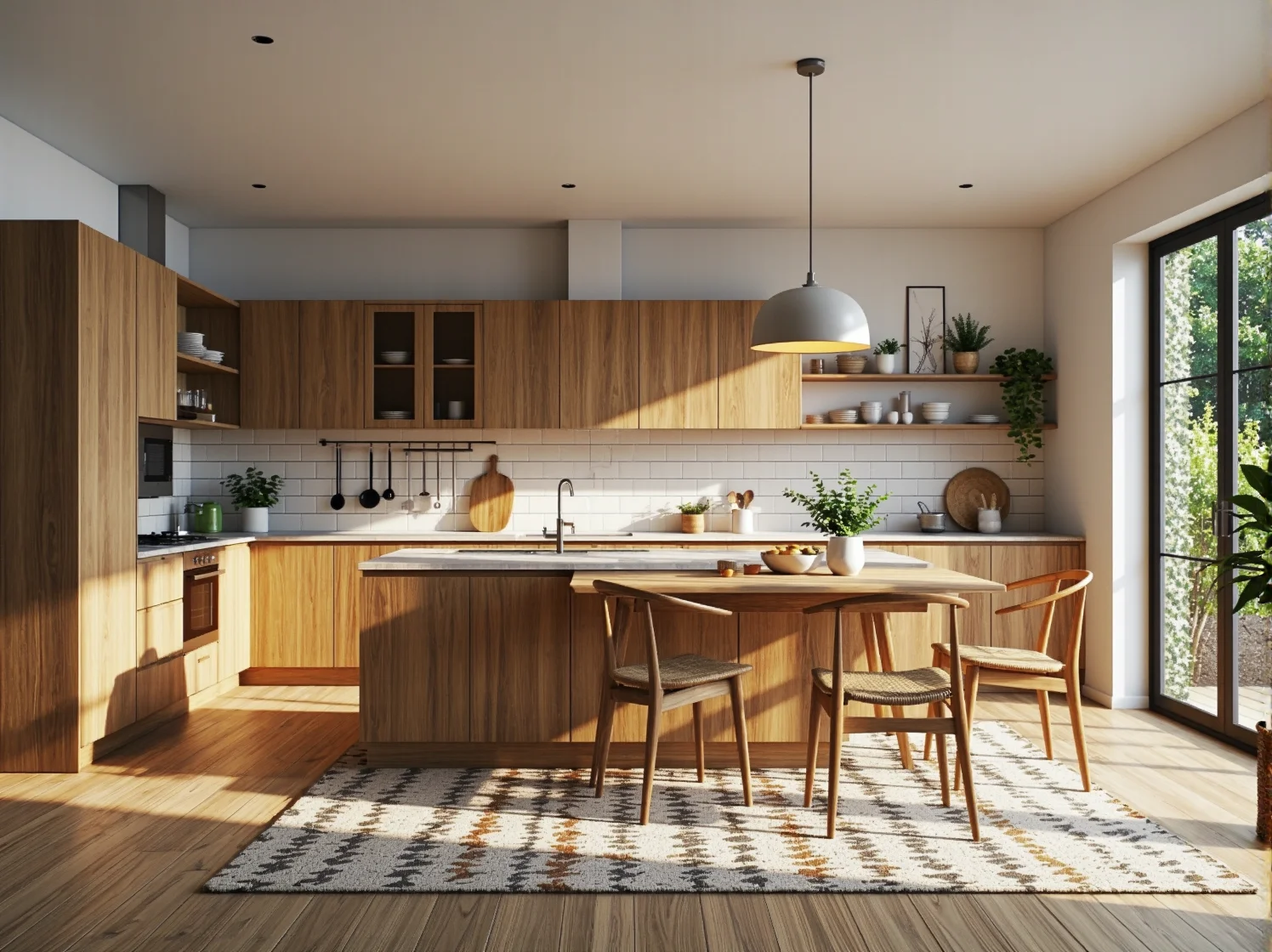 Zestaw mebli kuchennych dąb naturalny z wyspą i przeszklonymi szafkami