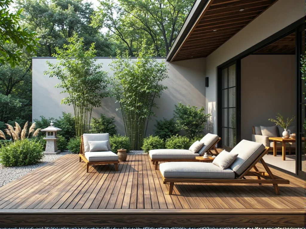 Drewniane leżaki ogrodowe z beżowymi poduchami w stylu japandi