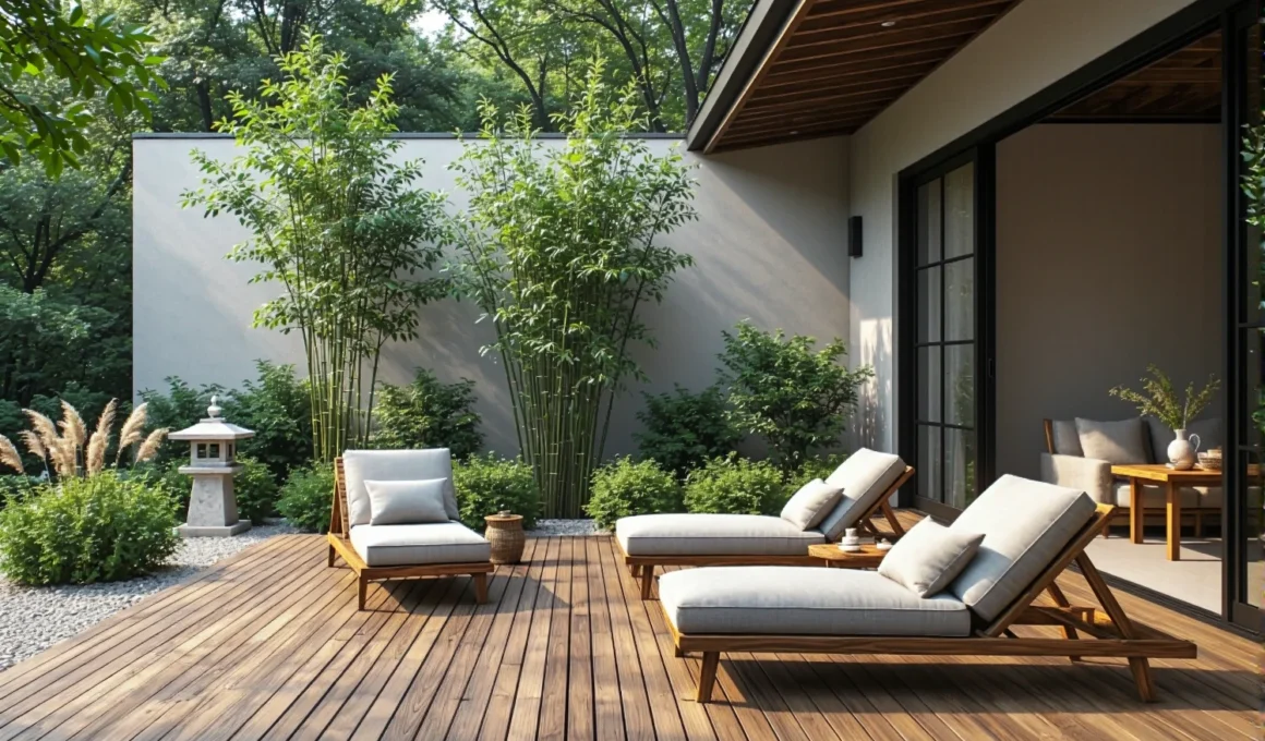 Drewniane leżaki ogrodowe z beżowymi poduchami w stylu japandi