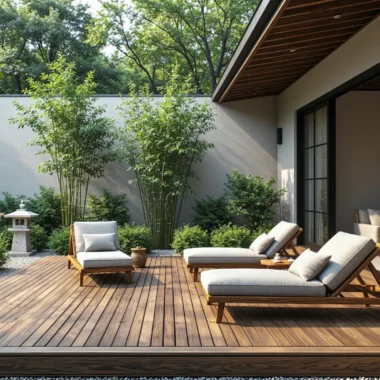 Drewniane leżaki ogrodowe z beżowymi poduchami w stylu japandi