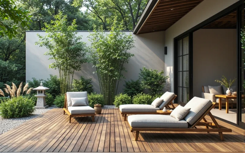 Drewniane leżaki ogrodowe z beżowymi poduchami w stylu japandi