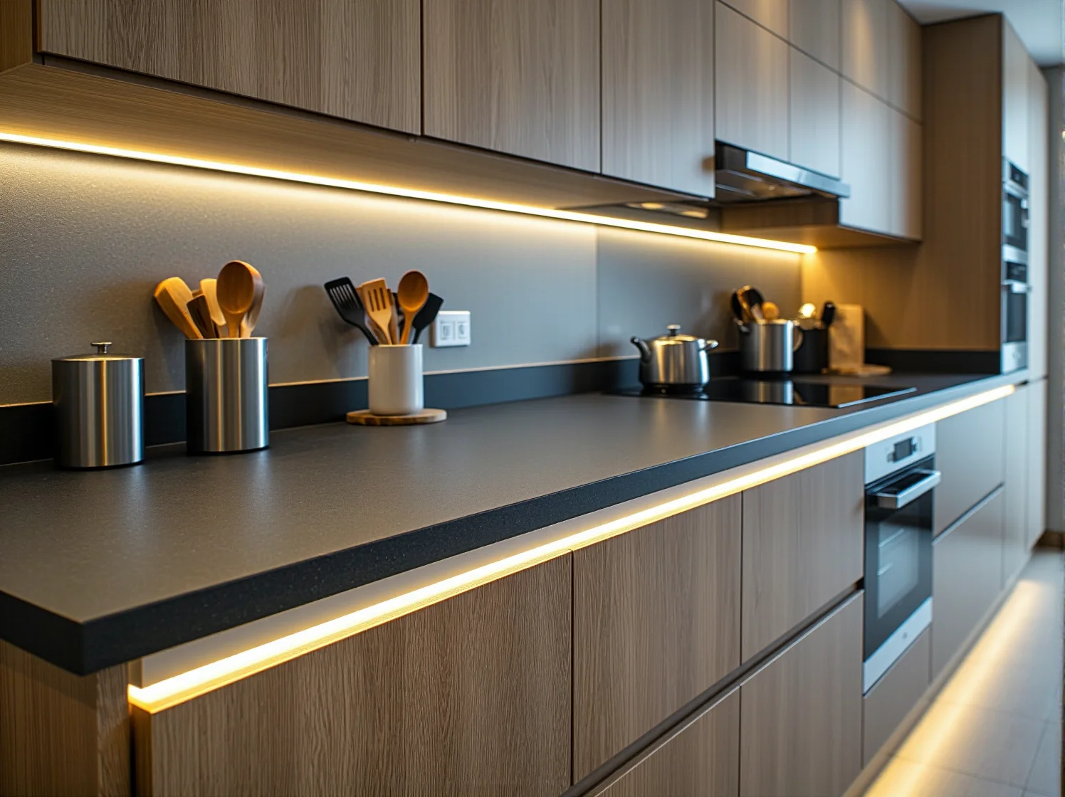 Energooszczędne listwy LED pod szafkami kuchennymi zapewniające doskonałe oświetlenie blatu roboczego.