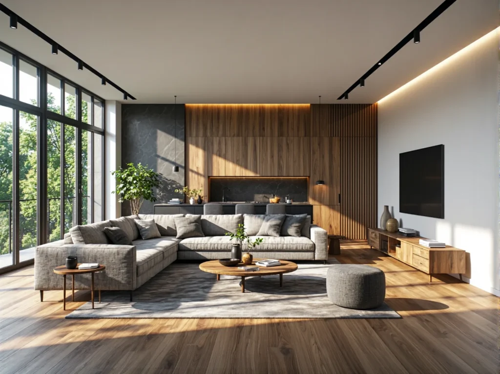 Narożna sofa szara tapicerowana z miękkimi poduszkami oparcia