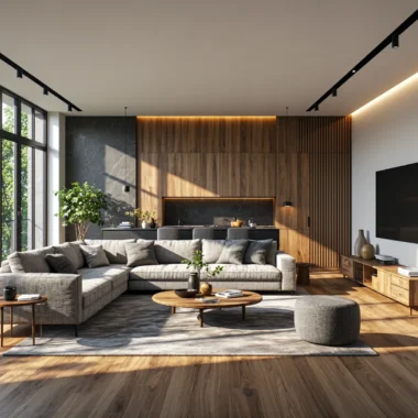 Narożna sofa szara tapicerowana z miękkimi poduszkami oparcia