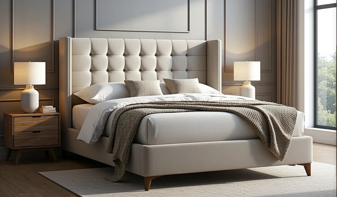 Luksusowe łóżko kontynentalne beżowe z pikowanym zagłówkiem