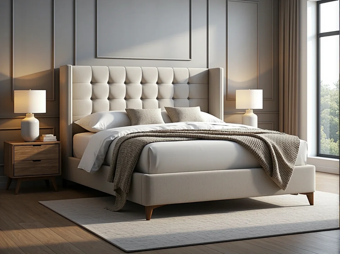 Luksusowe łóżko kontynentalne beżowe z pikowanym zagłówkiem