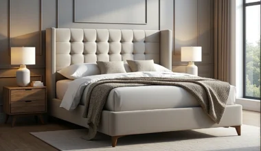 Luksusowe łóżko kontynentalne beżowe z pikowanym zagłówkiem