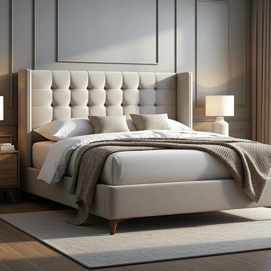 Luksusowe łóżko kontynentalne beżowe z pikowanym zagłówkiem