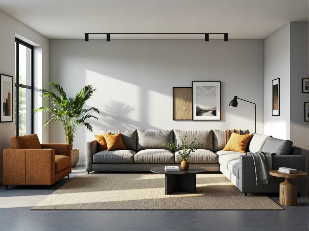 Narożna sofa szara tapicerowana z miękkimi poduszkami dekoracyjnymi