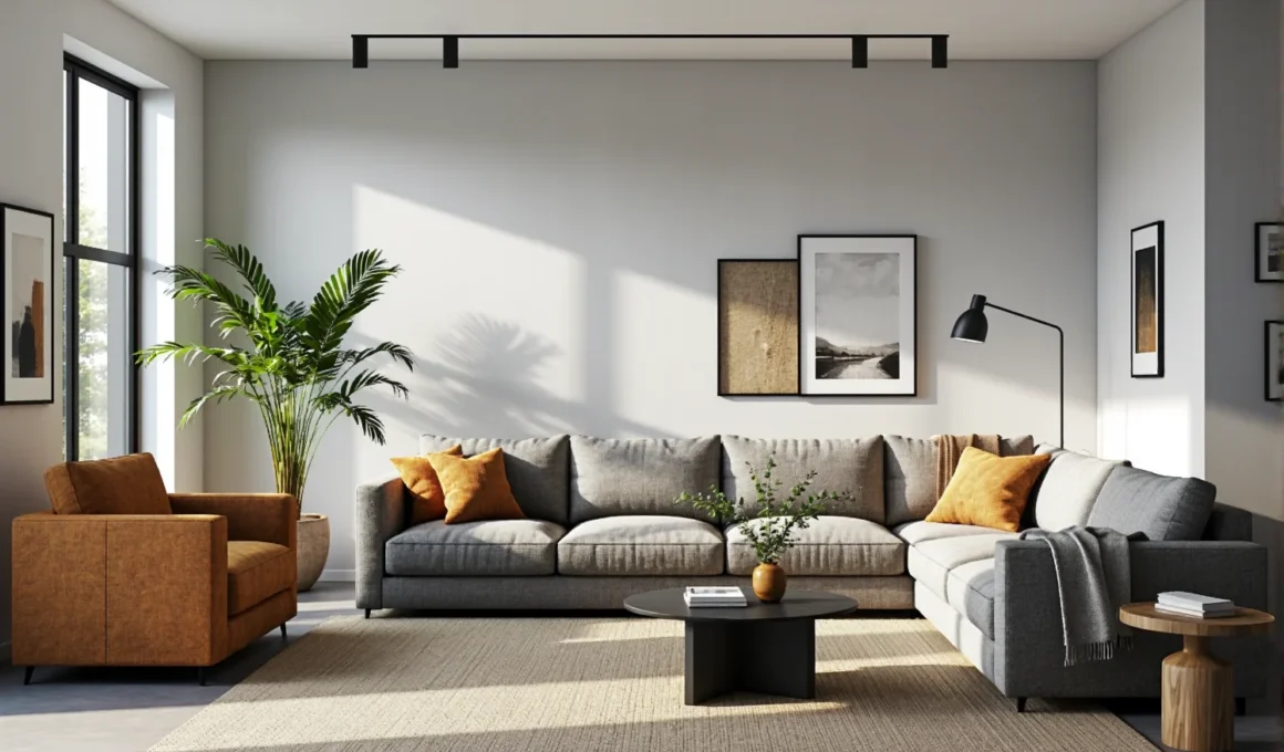 Narożna sofa szara tapicerowana z miękkimi poduszkami dekoracyjnymi