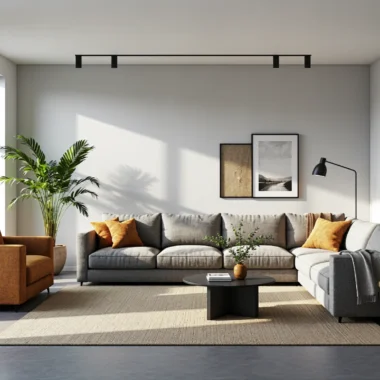 Narożna sofa szara tapicerowana z miękkimi poduszkami dekoracyjnymi