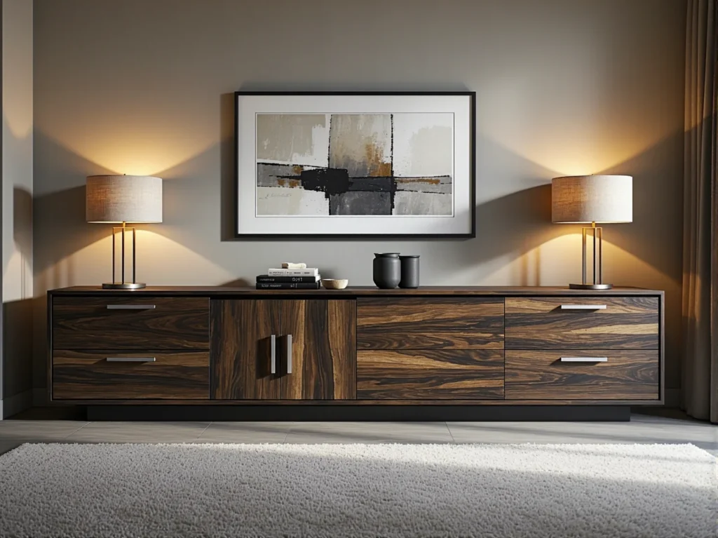 Elegancka komoda orzech z szufladami i chromowanymi uchwytami