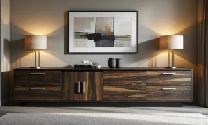 Elegancka komoda orzech z szufladami i chromowanymi uchwytami