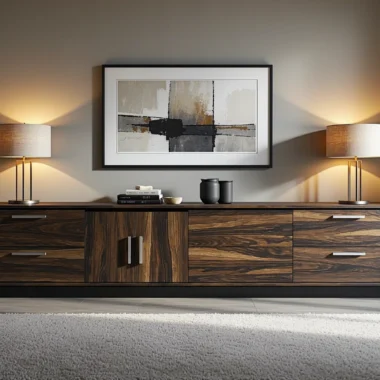 Elegancka komoda orzech z szufladami i chromowanymi uchwytami