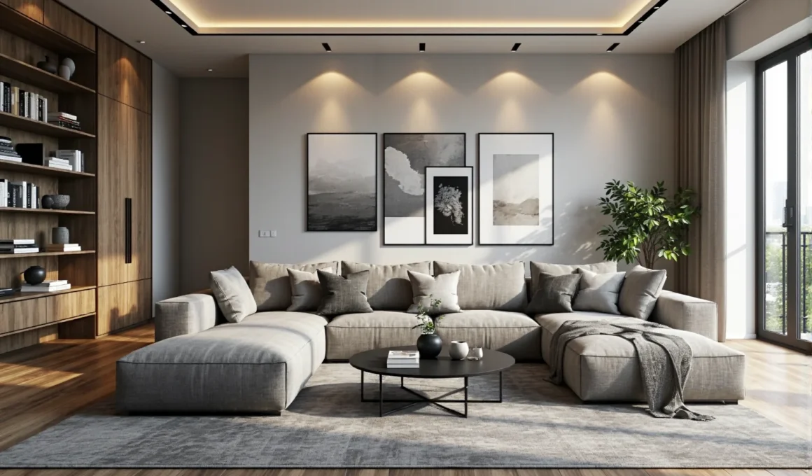 Narożna sofa modułowa szara z miękkimi poduszkami