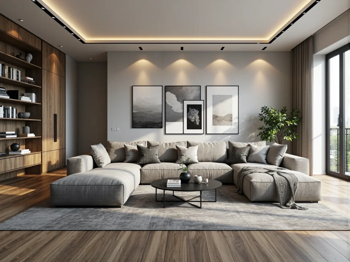 Narożna sofa modułowa szara z miękkimi poduszkami