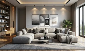 Narożna sofa modułowa szara z miękkimi poduszkami