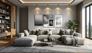 Narożna sofa modułowa szara z miękkimi poduszkami