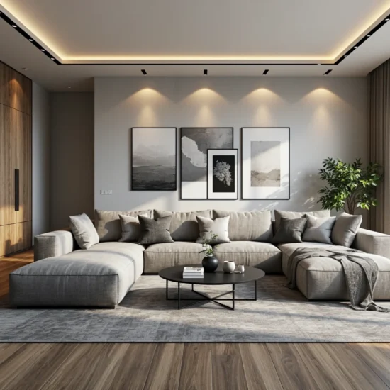 Narożna sofa modułowa szara z miękkimi poduszkami