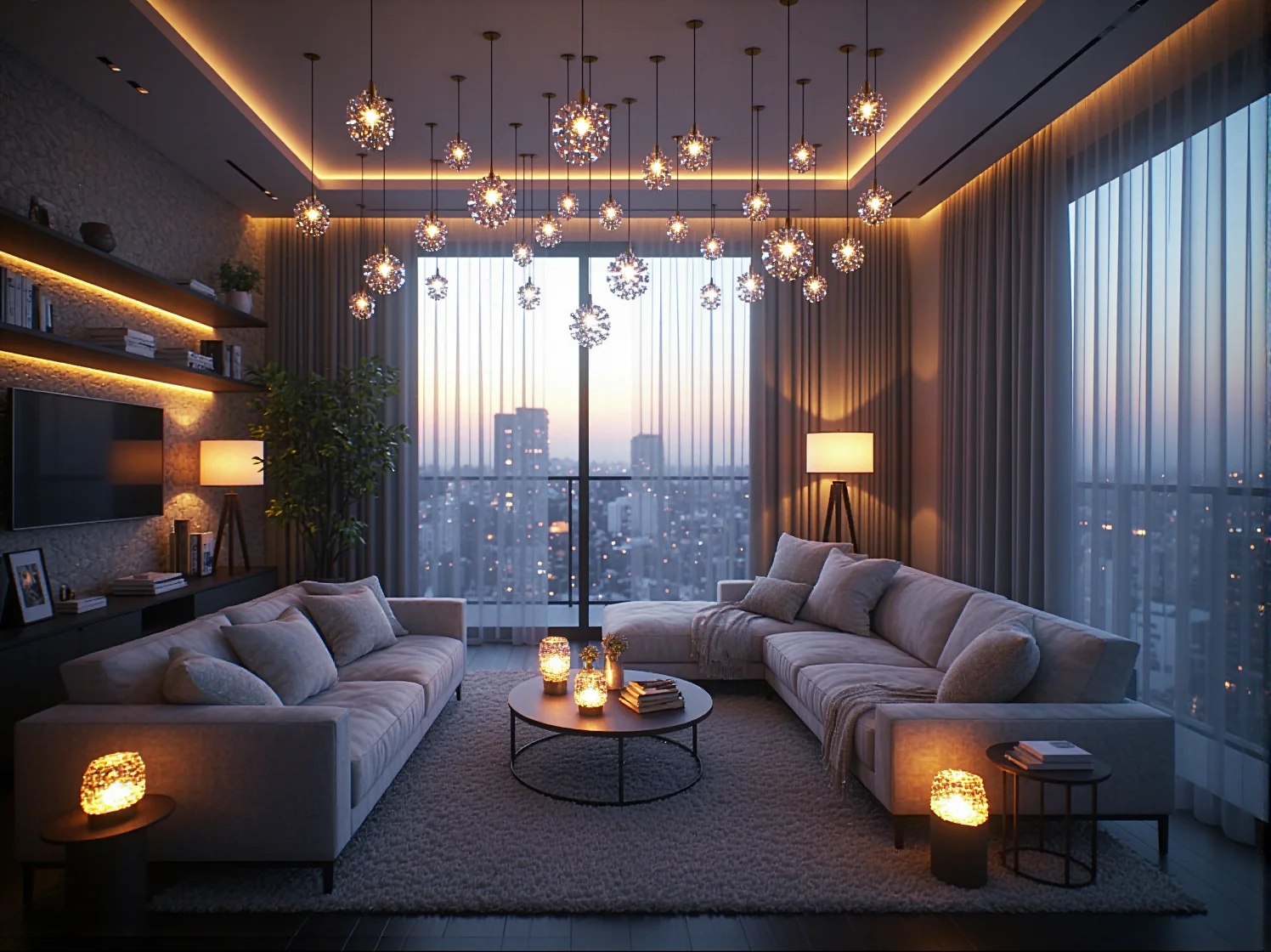 Wieczorny relaks na balkonie glamour. Kryształowe oświetlenie LED tworzy przytulną i luksusową atmosferę do odpoczynku.