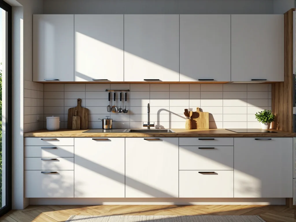 Minimalistyczna zabudowa kuchenna biała z drewnianym blatem