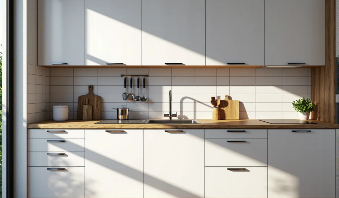 Minimalistyczna zabudowa kuchenna biała z drewnianym blatem