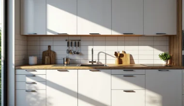 Minimalistyczna zabudowa kuchenna biała z drewnianym blatem