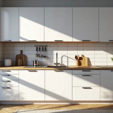 Minimalistyczna zabudowa kuchenna biała z drewnianym blatem