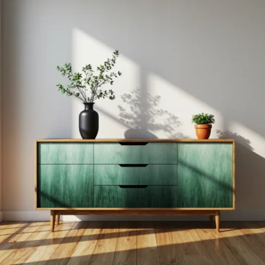 Komoda z efektem ombre zielono-turkusowym na drewnianych nóżkach