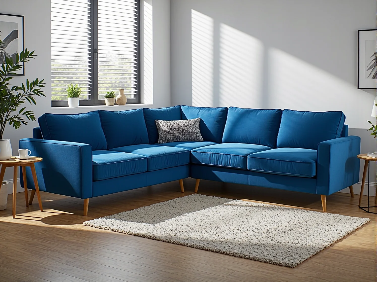 Mały narożnik z funkcją spania w małym biurze, wykonany z łatwoczyszczącej tkaniny wysokiej jakości.